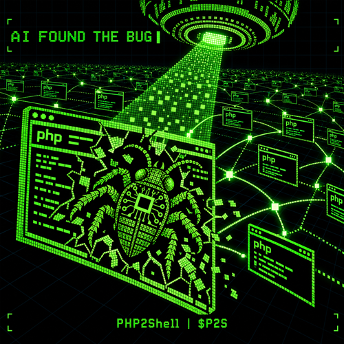 AI found the bug — a beam scanning a PHP console window with a circuit bug crawling out of it