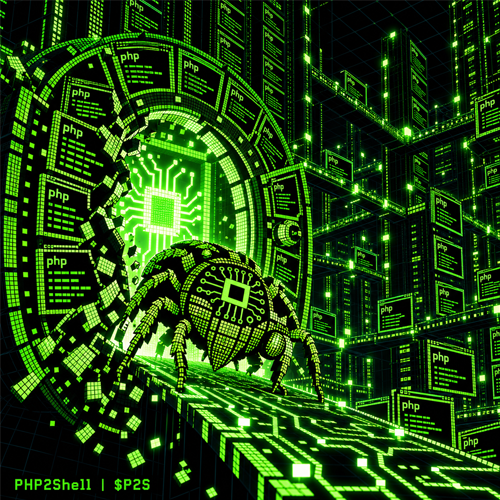 The PHP2Shell circuit bug crawling out of a glowing portal into a city of PHP servers