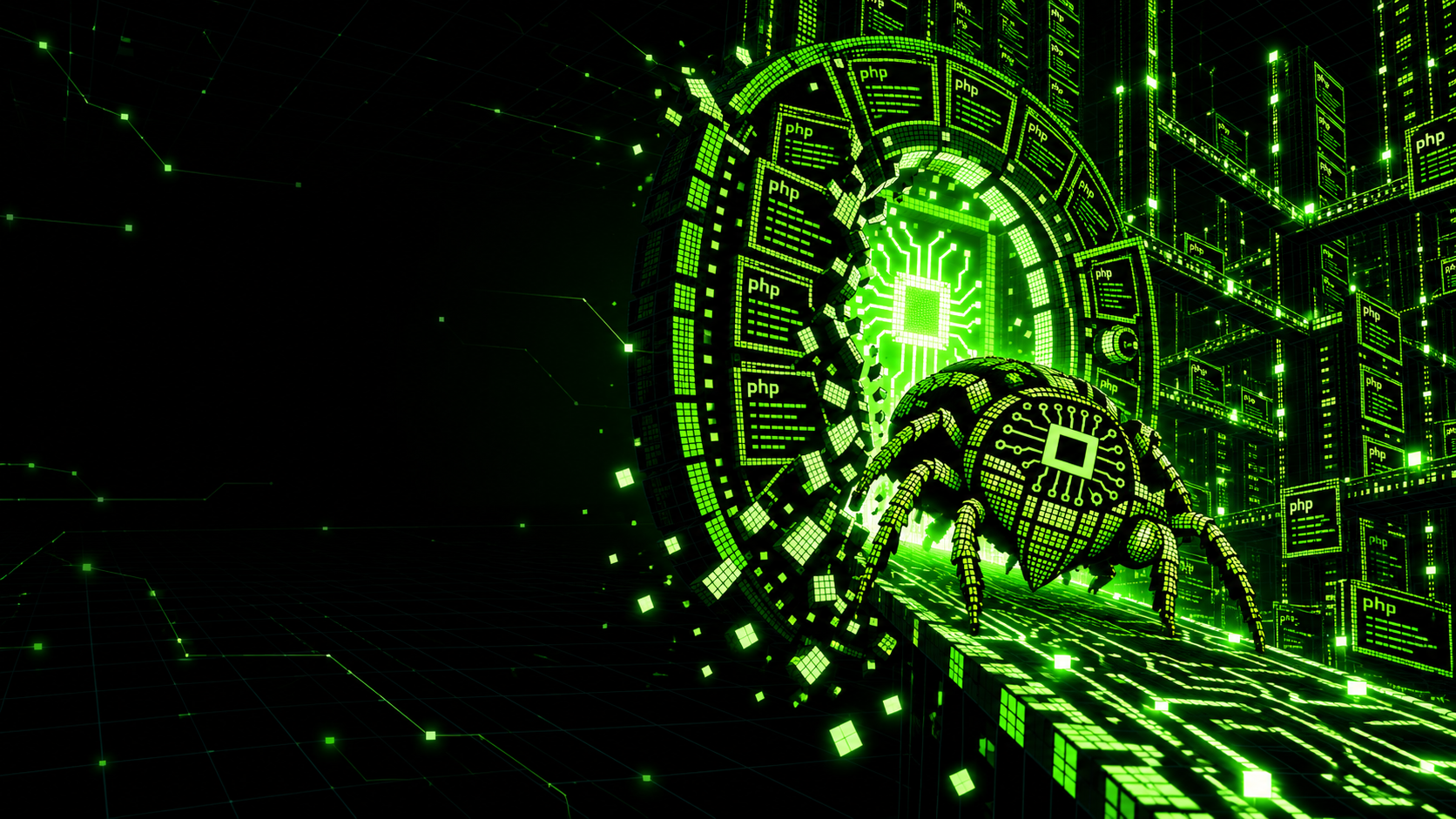 A neon green circuit bug crawling out of a glowing portal of PHP console windows